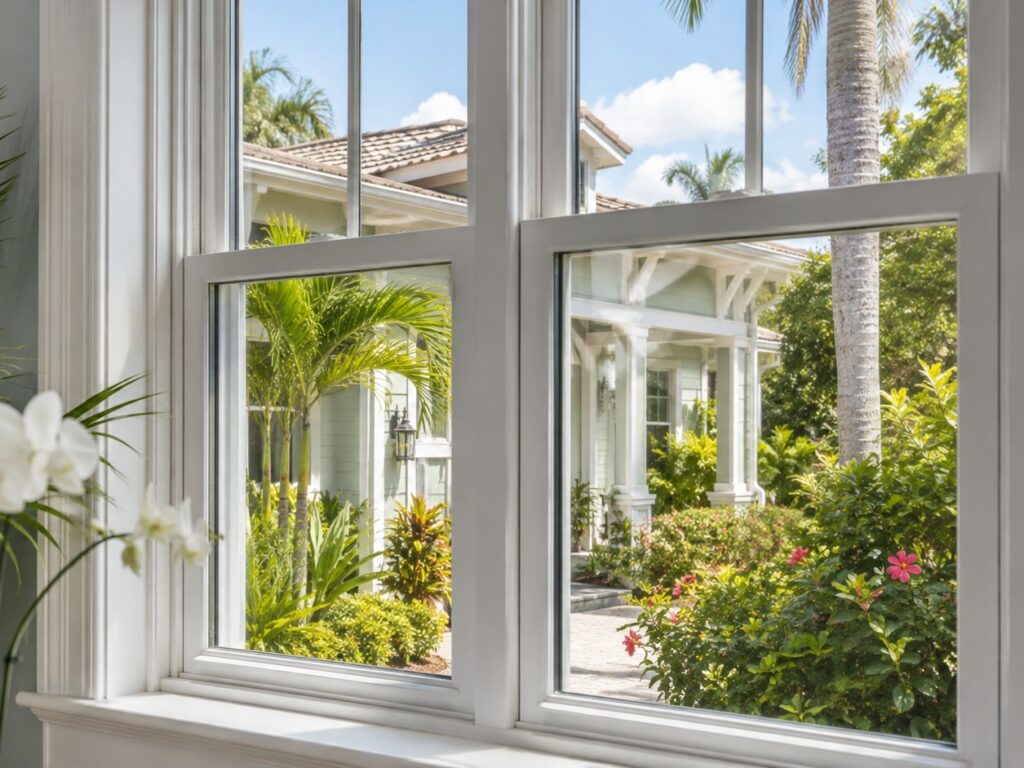 Image shows view through two single hung windows looking out to Florida garden